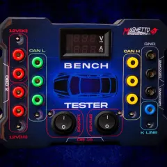 Niebieski tester samochodowy z portami OBD2, CAN L, CAN H, K-Line i złączami zasilania. Wyświetlacz pokazuje napięcie i prąd. Idealny do diagnostyki magistrali CAN.