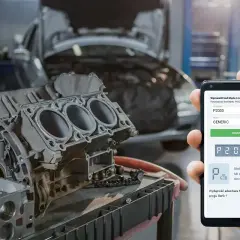 Silnik samochodowy i smartfon z aplikacją diagnostyczną w warsztacie.