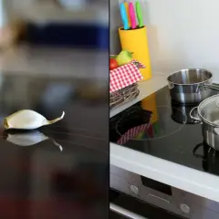 Cebula i czosnek na płycie ceramicznej czy indukcyjnej. Garnki gotowe do użycia.