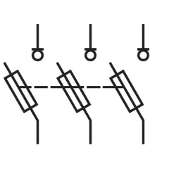 Schematyczny rozłącznik izolacyjny symbol. Trzy połączone prostokąty z ukośnymi liniami, symbolizujące trzy bieguny.