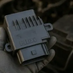 Ręka w rękawiczce trzyma czarny moduł sterujący silnika HDI z logo Citroëna i Peugeota.