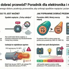 Dobór kabla do siły: ilustracja pokazuje, jak wybrać odpowiedni przekrój przewodu, aby uniknąć przegrzewania i spadków napięcia.