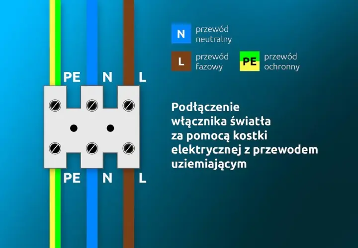 Schemat podłączenia włącznika światła z przewodem uziemiającym. Pokazuje, jak podłączyć podwójny włącznik światła 2 kable, używając kostki elektrycznej.