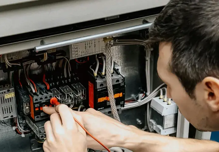 Elektryk mierzy napięcie w skrzynce z bezpiecznikami i przekaźnikami.