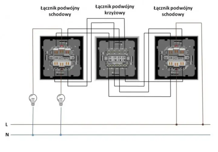 Schemat instalacji elektrycznej: dwa łączniki schodowe i jeden krzyżowy. Dowiedz się, łącznik świecznikowy co to jest i jak działa.