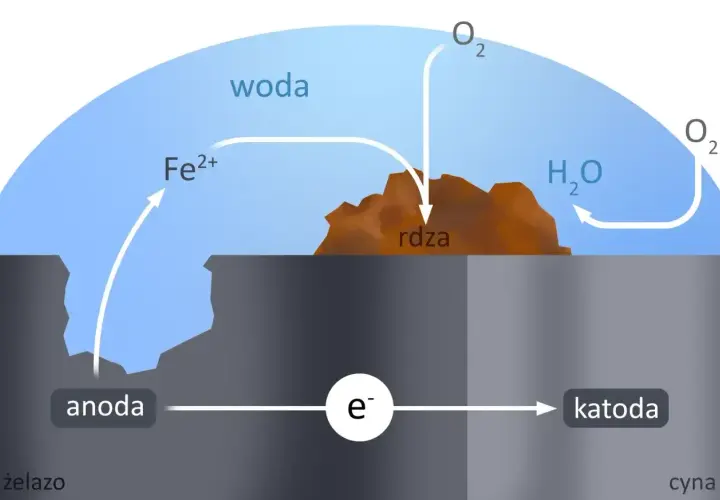 Schemat korozji żelaza: anoda (żelazo) reaguje z wodą i tlenem, tworząc rdzę. Elektrony przepływają do katody (cyna).