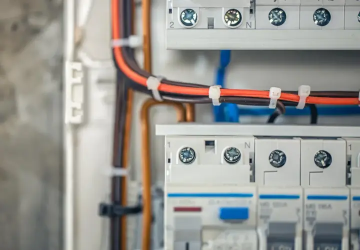 W skrzynce elektrycznej widać uporządkowane bruzdowanie pod kable. Pomarańczowe i brązowe przewody są schludnie spięte opaskami.