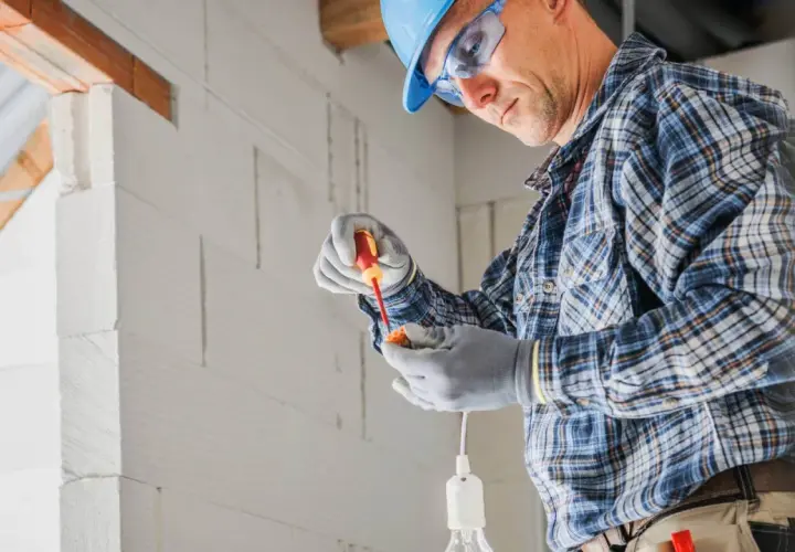 Elektryk w kasku i okularach montuje oprawkę żarówki śrubokrętem.
