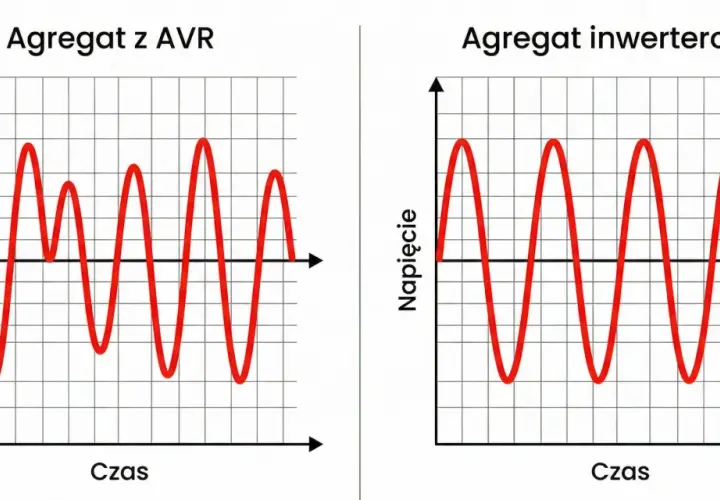 Wykresy porównujące agregat z AVR (niestabilne napięcie) i agregat inwerterowy (stabilne napięcie).