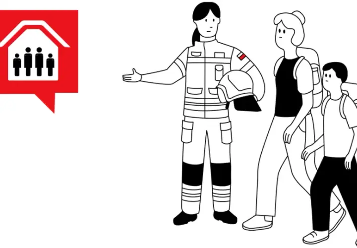 Strażaczka prowadzi rodzinę, gdy rozbrzmiewają syreny alarmowe. Czerwony symbol domu z ludzikami.