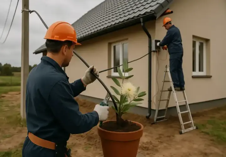 Elektrycy w kaskach kończą odbiór instalacji elektrycznej przy domu. Jeden pracuje przy skrzynce na drabinie, drugi przy kablu.