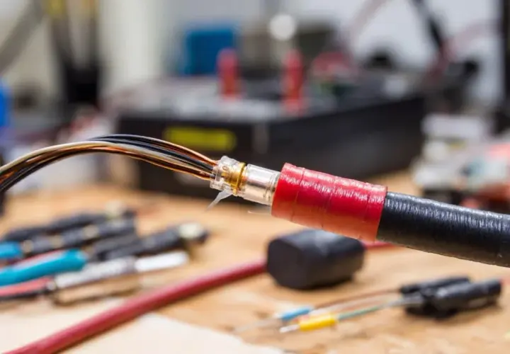 Przewody elektryczne z odsłoniętymi żyłami, owinięte taśmą izolacyjną. W tle widać sprzęt elektroniczny, co nie przewodzi prądu.