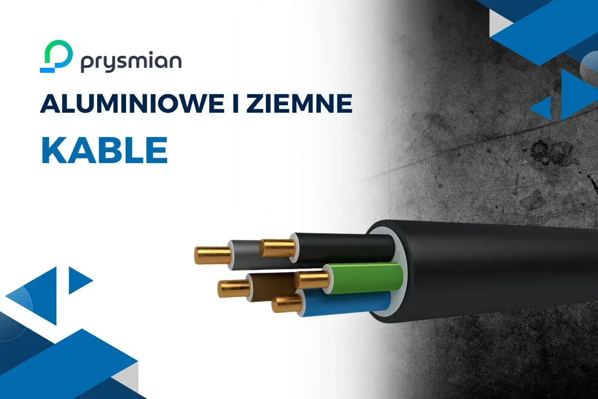 Aluminiowe i ziemne kable Prysmian, z widocznymi żyłami w izolacjach: brązowej, szarej, zielonej i niebieskiej.