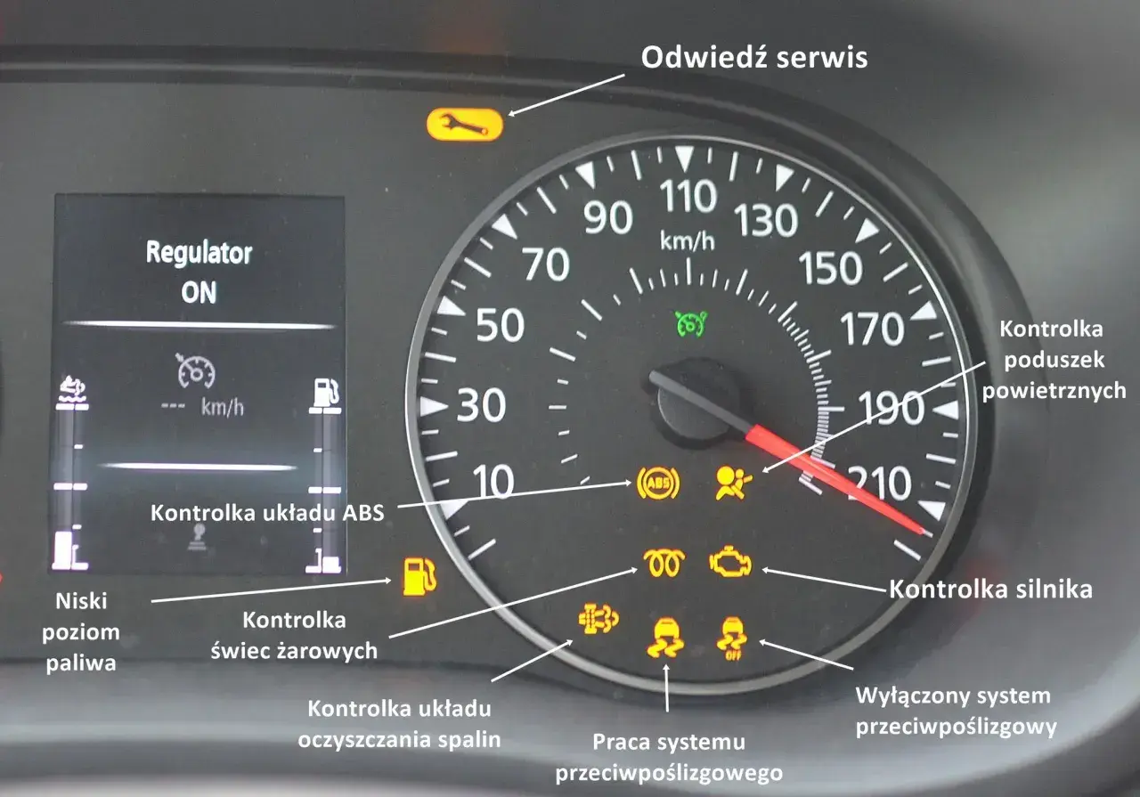 Na desce rozdzielczej świeci się kontrolka trakcji, obok kontrolki silnika i ABS.