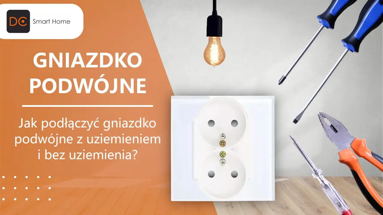 Jak podłączyć gniazdko podwójne z uziemieniem? Na zdjęciu podwójne gniazdko, śrubokręty i kombinerki.