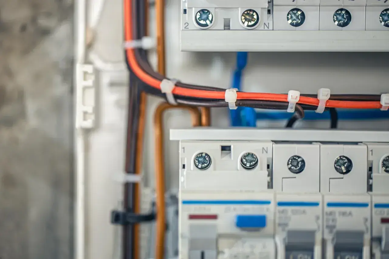 W skrzynce elektrycznej widać uporządkowane bruzdowanie pod kable. Pomarańczowe i brązowe przewody są schludnie spięte opaskami.
