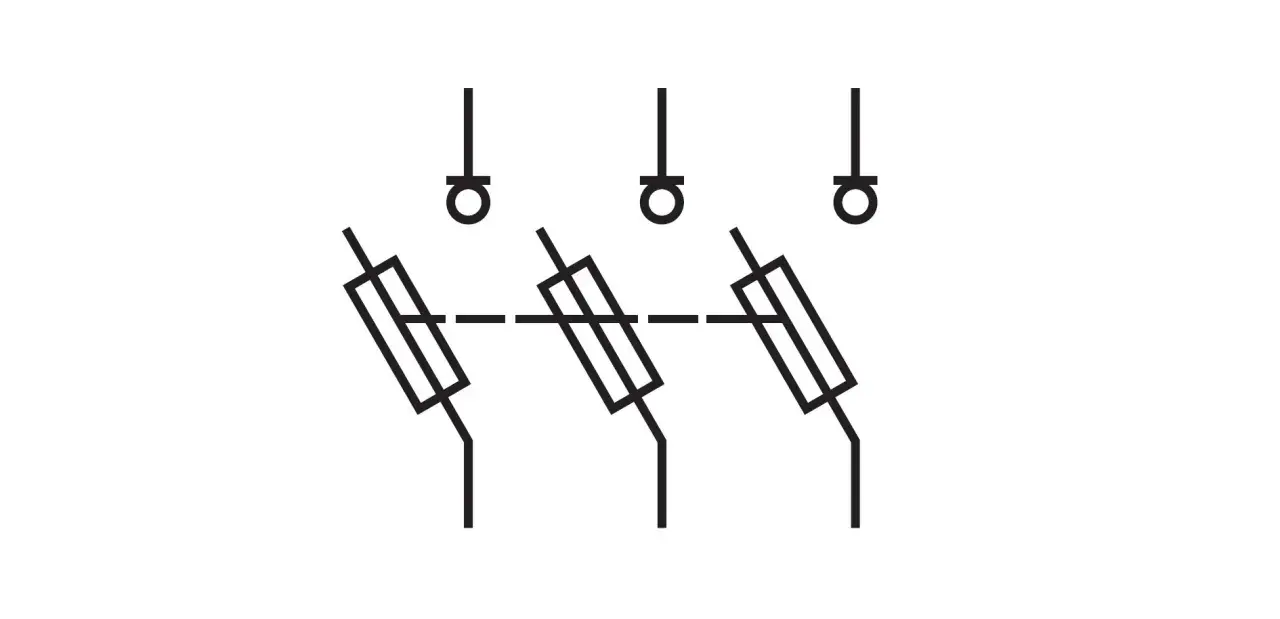 Schematyczny rozłącznik izolacyjny symbol. Trzy połączone prostokąty z ukośnymi liniami, symbolizujące trzy bieguny.