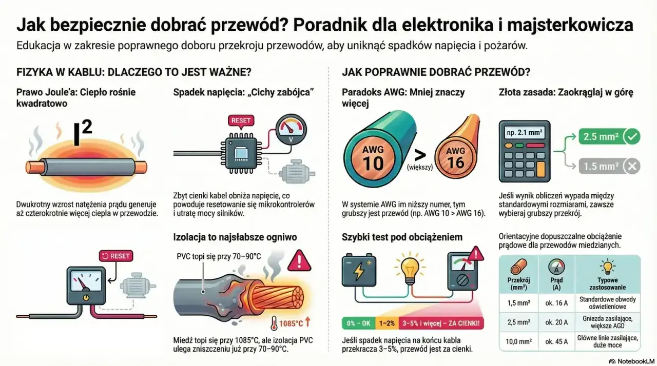 Dobór kabla do siły: ilustracja pokazuje, jak wybrać odpowiedni przekrój przewodu, aby uniknąć przegrzewania i spadków napięcia.