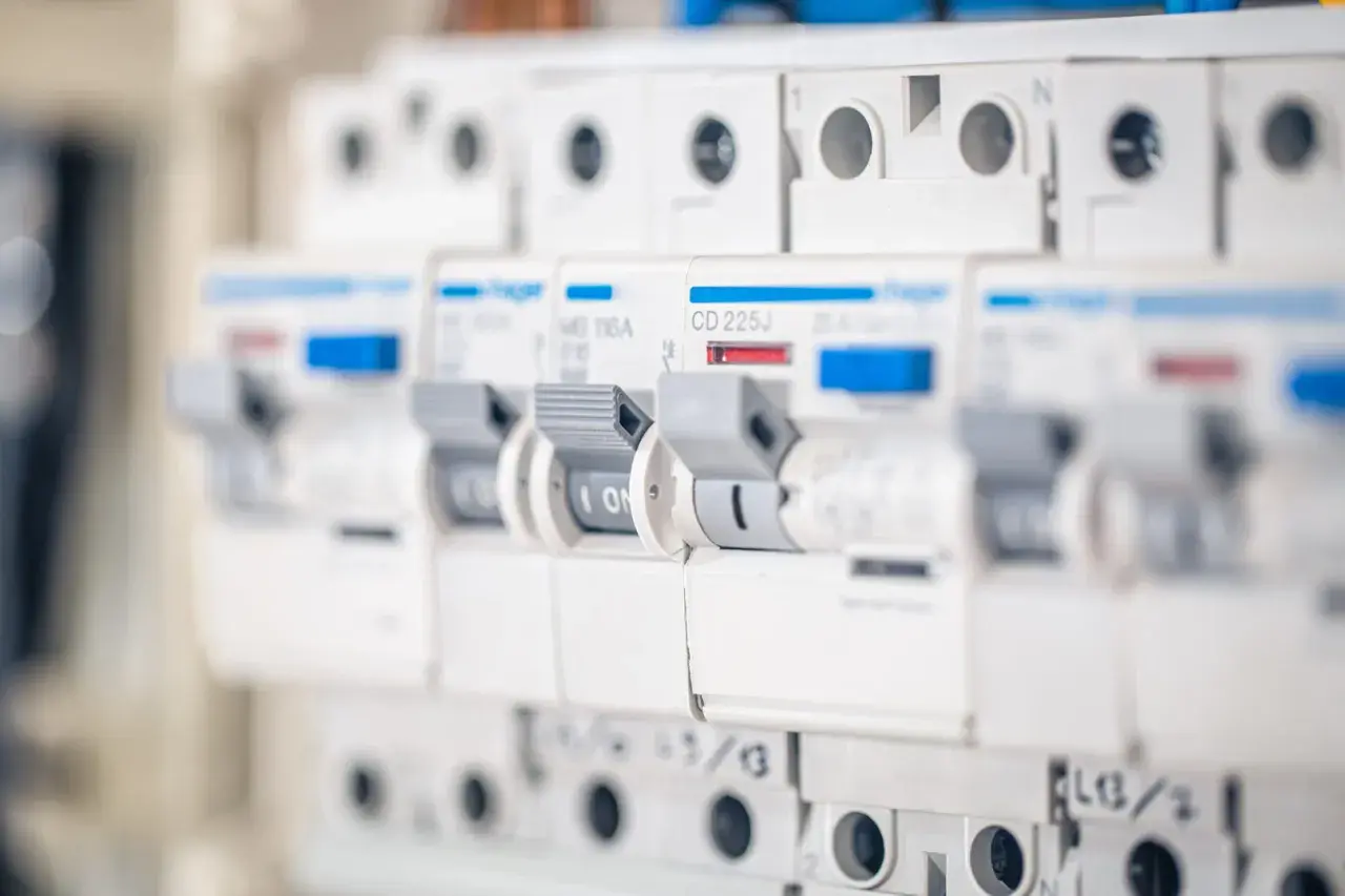 Szereg białych wyłączników automatycznych, jeden z nich to bezpiecznik B20, gotowy do ochrony instalacji elektrycznej.