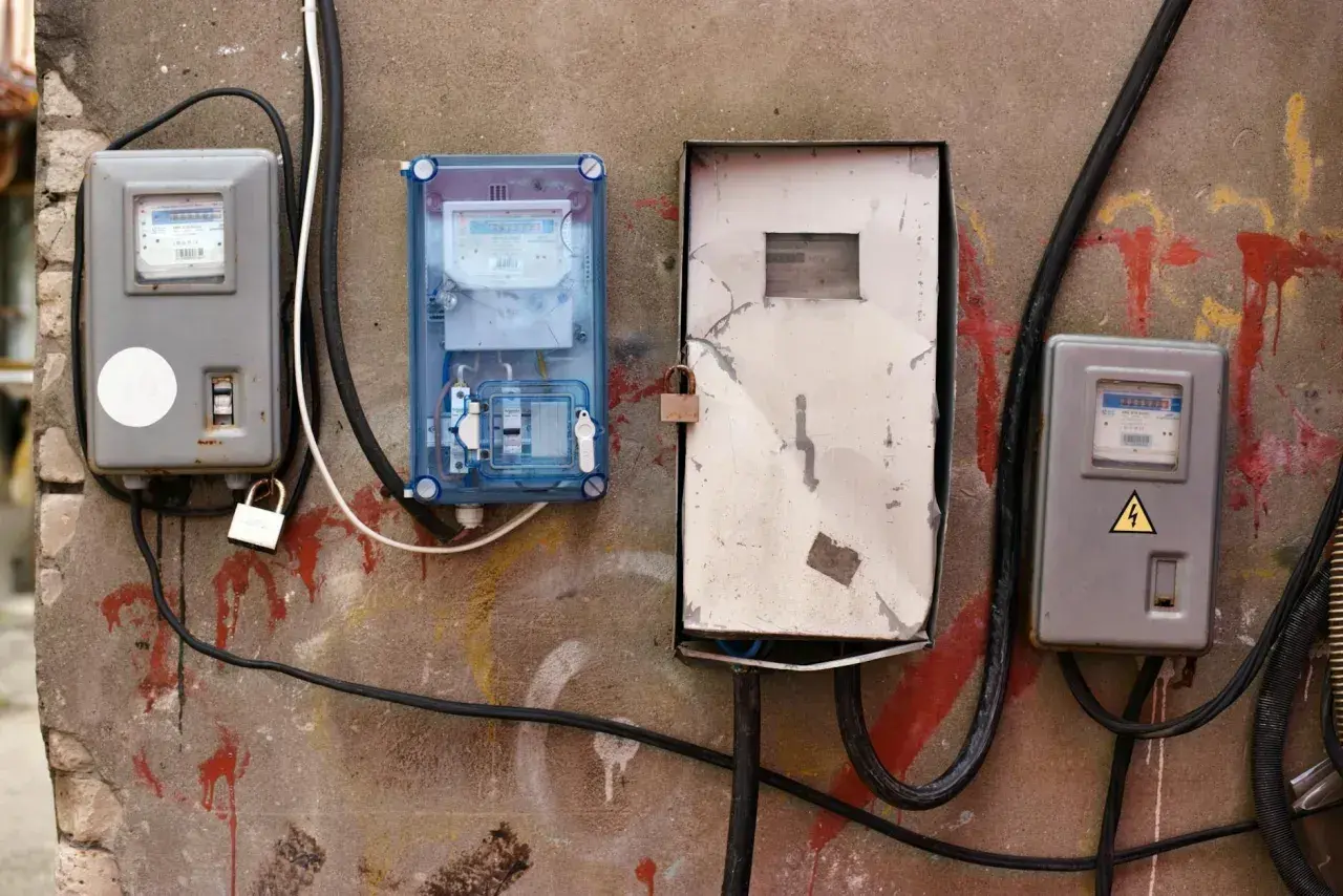 Cztery skrzynki z licznikami energii elektrycznej na ścianie. Jak włączyć bezpieczniki w domu? Sprawdź instrukcję przy skrzynce.