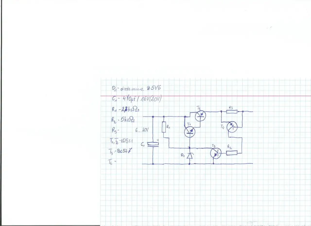 Schemat elektroniczny z elementami R1, R2, R3, T1-T4, C1, D1. Obserwujemy spadek napięcia na rezystorze R2.