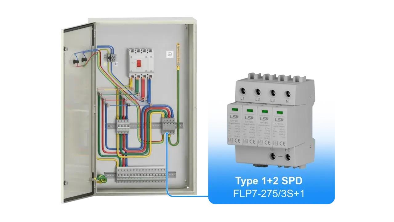 W rozdzielnicy elektrycznej widać zabezpieczenie przeciwprzepięciowe typu 1+2 SPD. Oznaczenie IP54 co oznacza ochronę przed pyłem i bryzgami wody.
