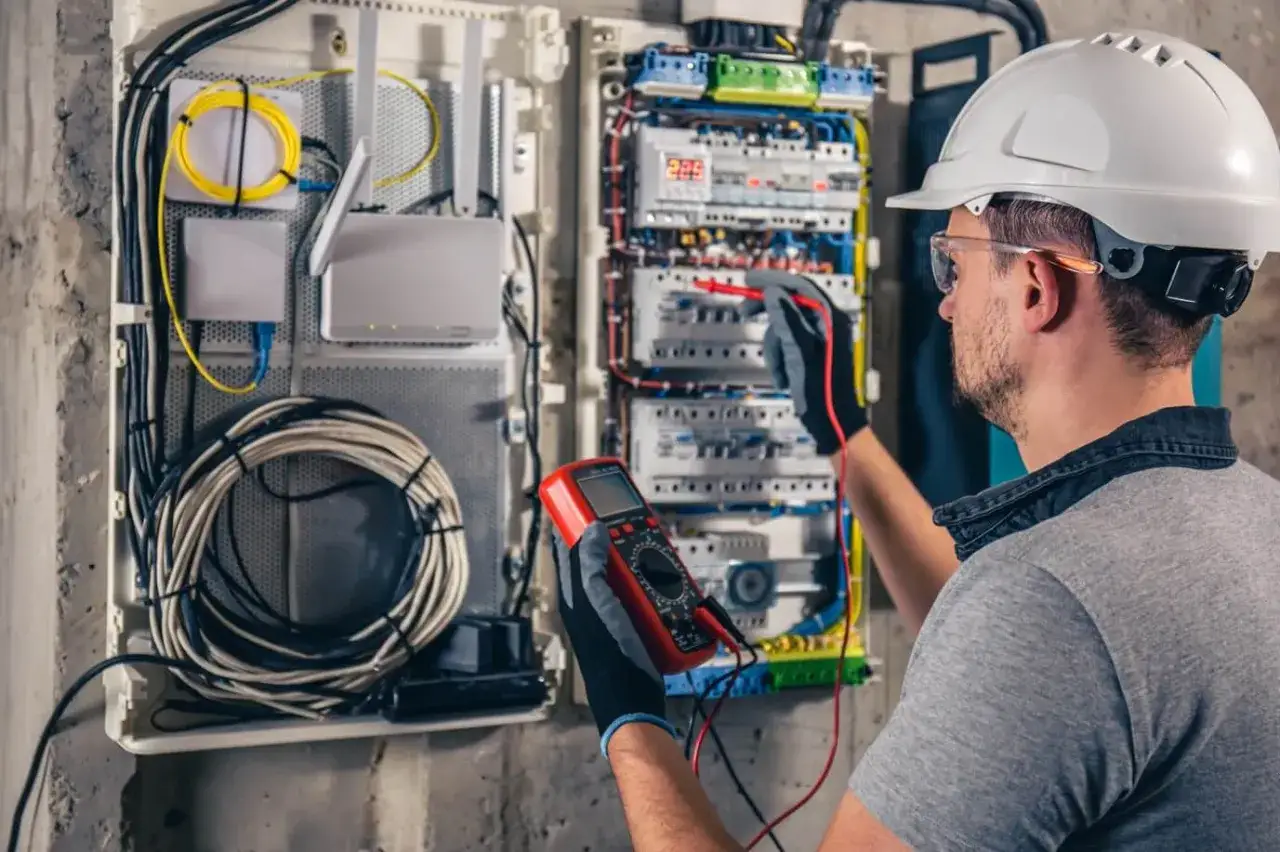 Elektryk sprawdza instalację, pomagając dobrać jakie bezpieczniki do mieszkania w bloku będą najlepsze.