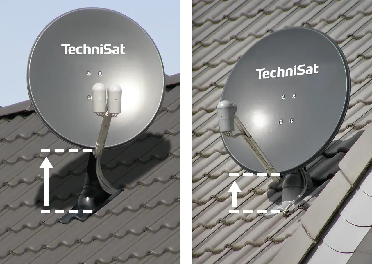 Dwie anteny satelitarne TechniSat na dachu. Pokazują, jak ważna jest prawidłowa instalacja, by uzyskać najlepszy sygnał. To klucz do znalezienia najlepszej anteny do telewizji naziemnej.