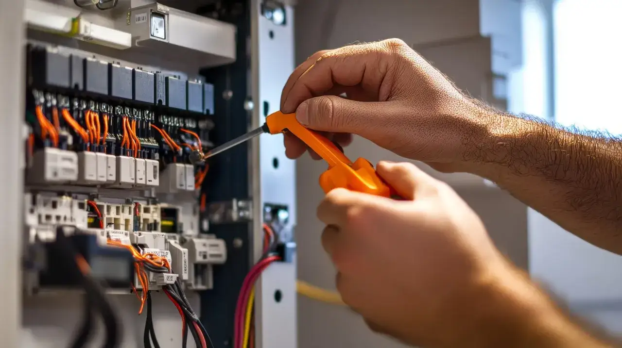 Ręce elektryka przykręcają śrubę w skrzynce z bezpiecznikami. Dowiedz się, jak obliczyć moc bezpiecznika.