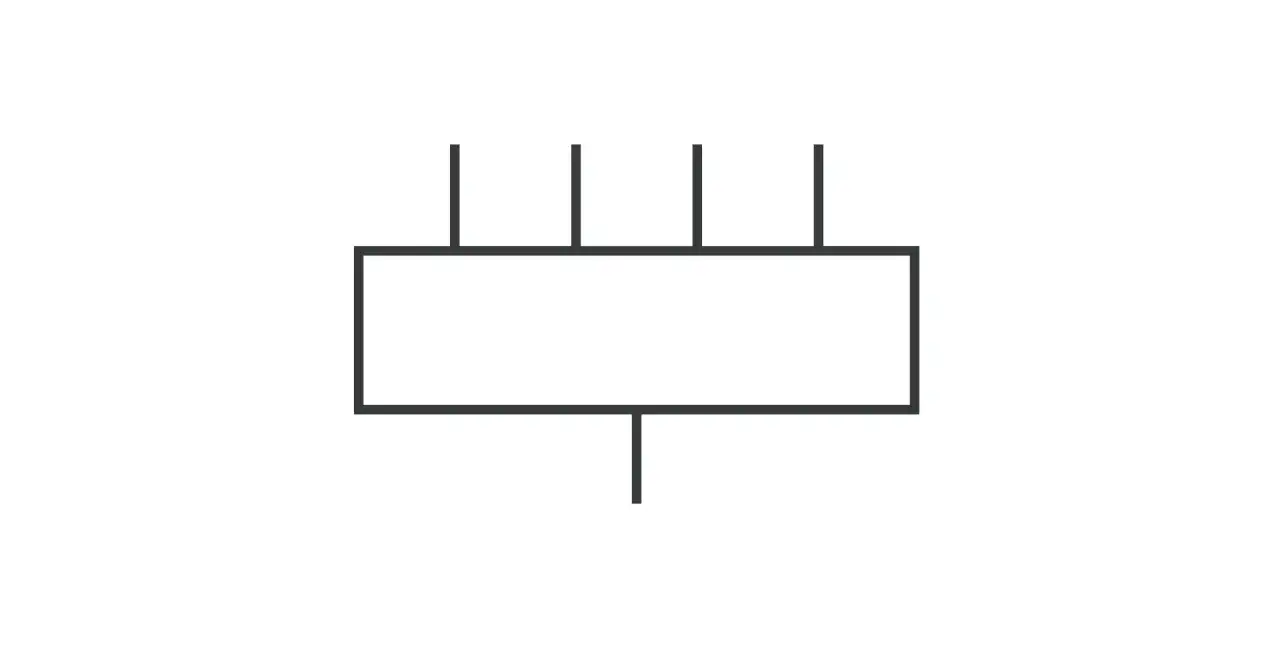 Symbol graficzny przewodu neutralnego: prostokąt z czterema liniami wychodzącymi z góry i jedną z dołu.