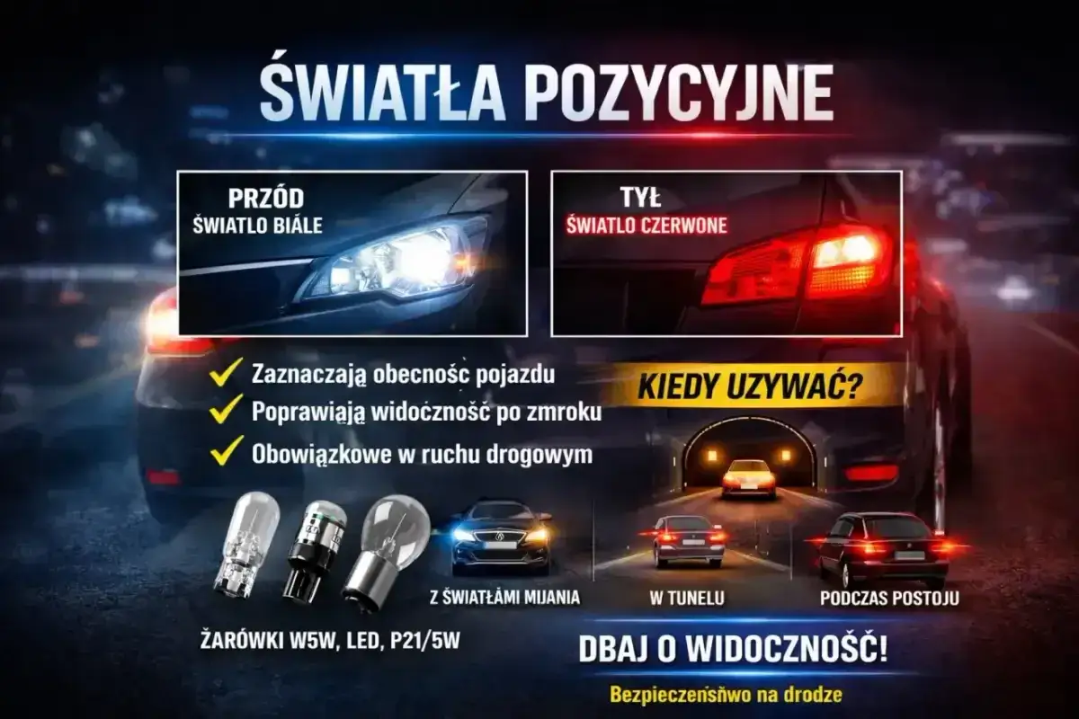 Światła mijania i dzienne: białe z przodu, czerwone z tyłu. Zwiększają widoczność i bezpieczeństwo na drodze.